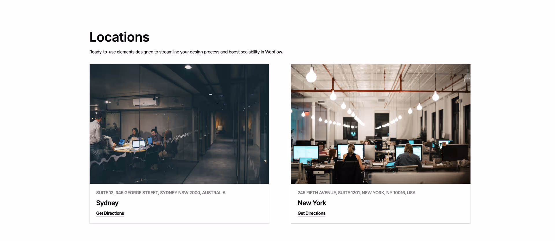 Two-column contact component showing office locations for Sydney and New York, each with address, city name, and “Get Directions” link below a placeholder image
