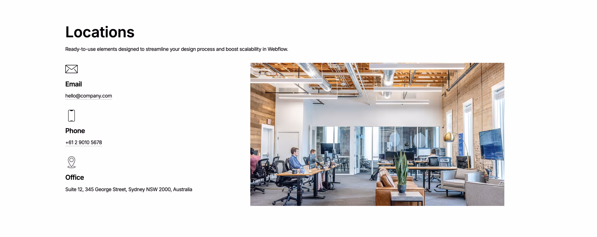 Webflow contact component with company location details, email, and phone number on the left and a placeholder image on the right