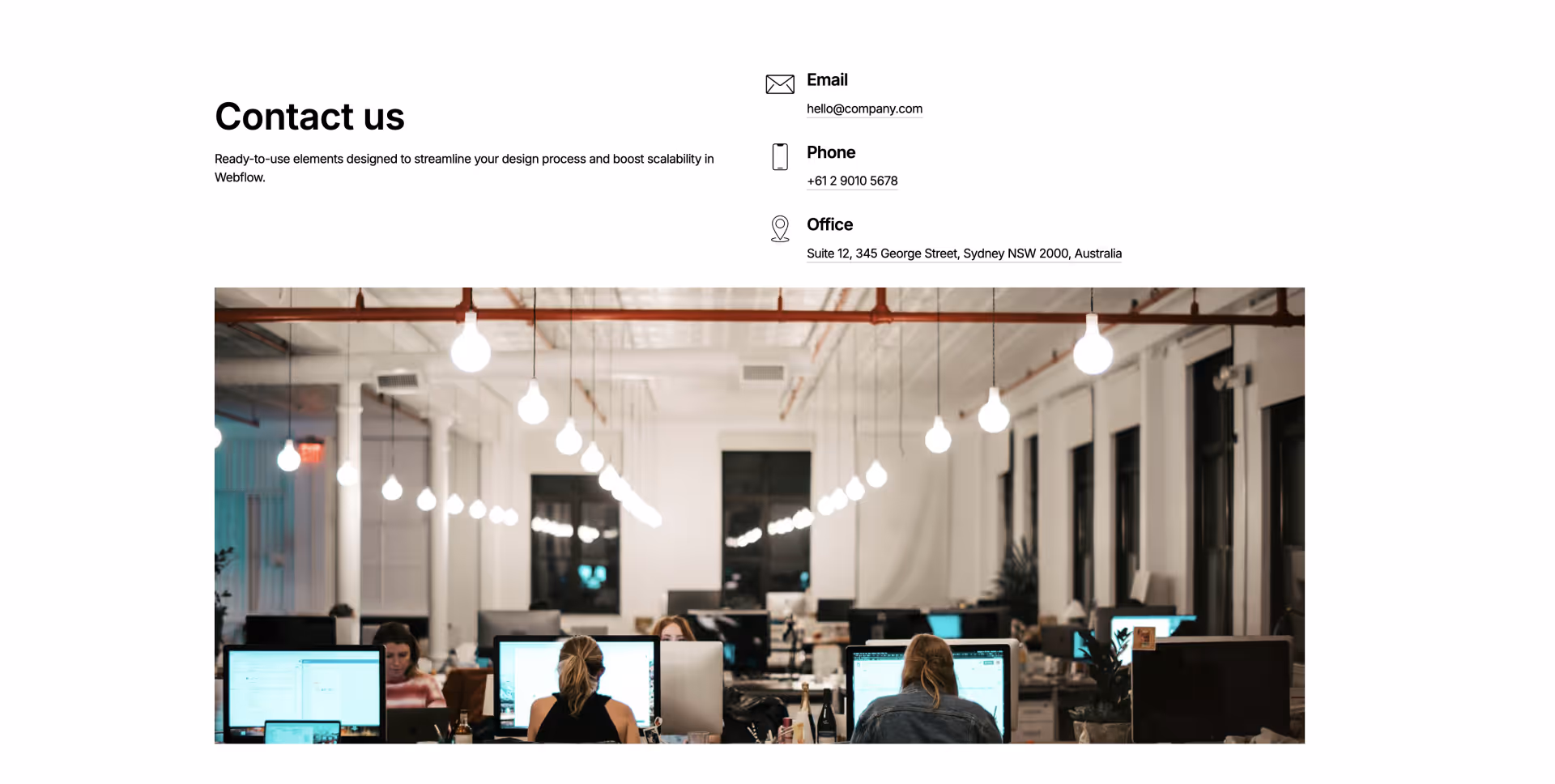 Webflow contact section with email, phone, office address on the right and placeholder image below for map or visual element