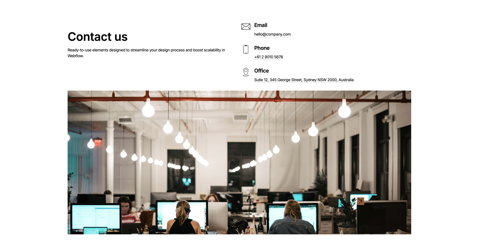 Webflow contact section with email, phone, office address on the right and placeholder image below for map or visual element