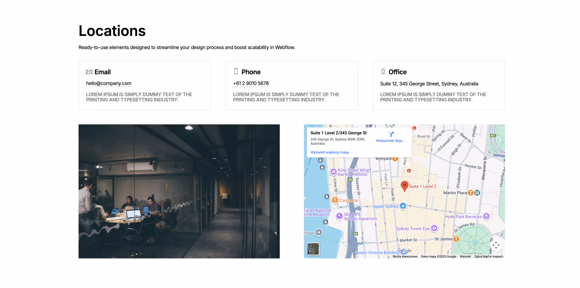 Modern locations Webflow component with contact info, placeholder image, and embedded Google map.