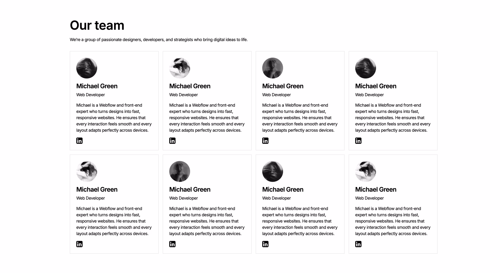 Responsive Webflow grid layout displaying eight team member cards with profile images, roles, descriptions, and LinkedIn link