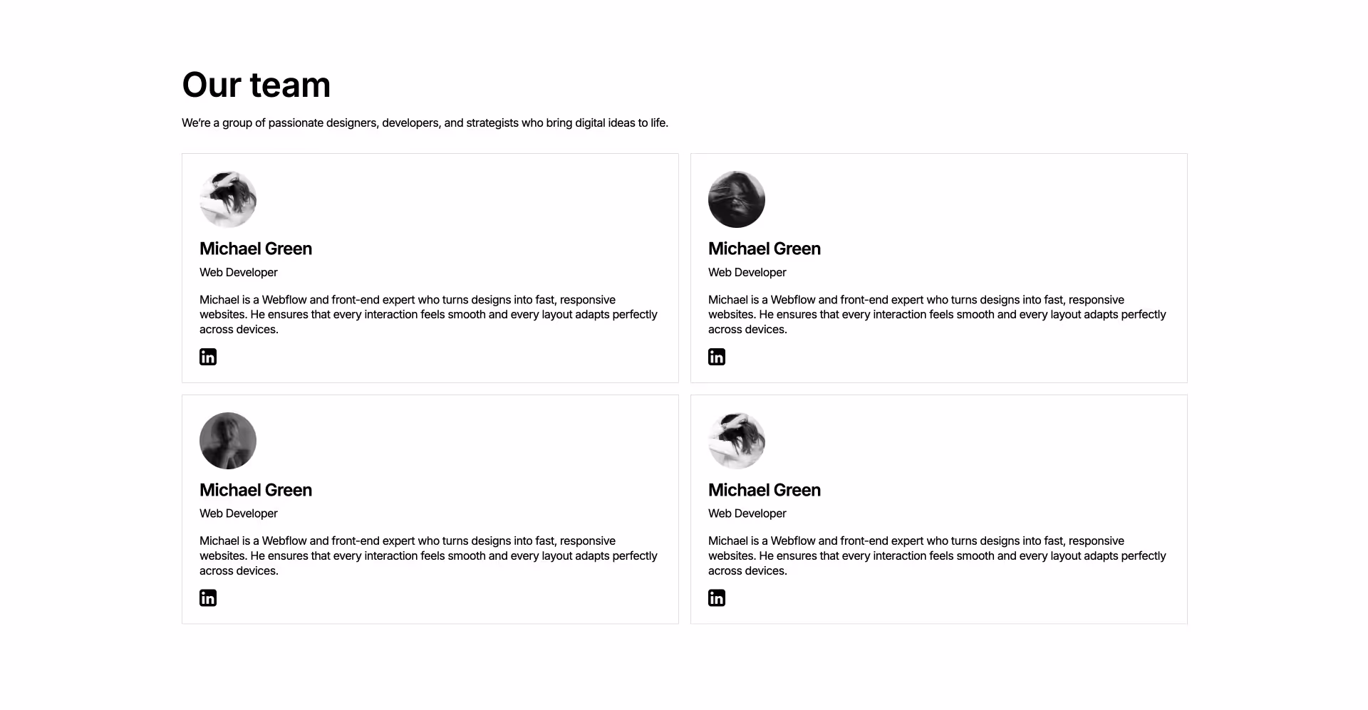 Responsive Webflow component showcasing horizontal team member cards with images, names, job titles, descriptions, and LinkedIn links