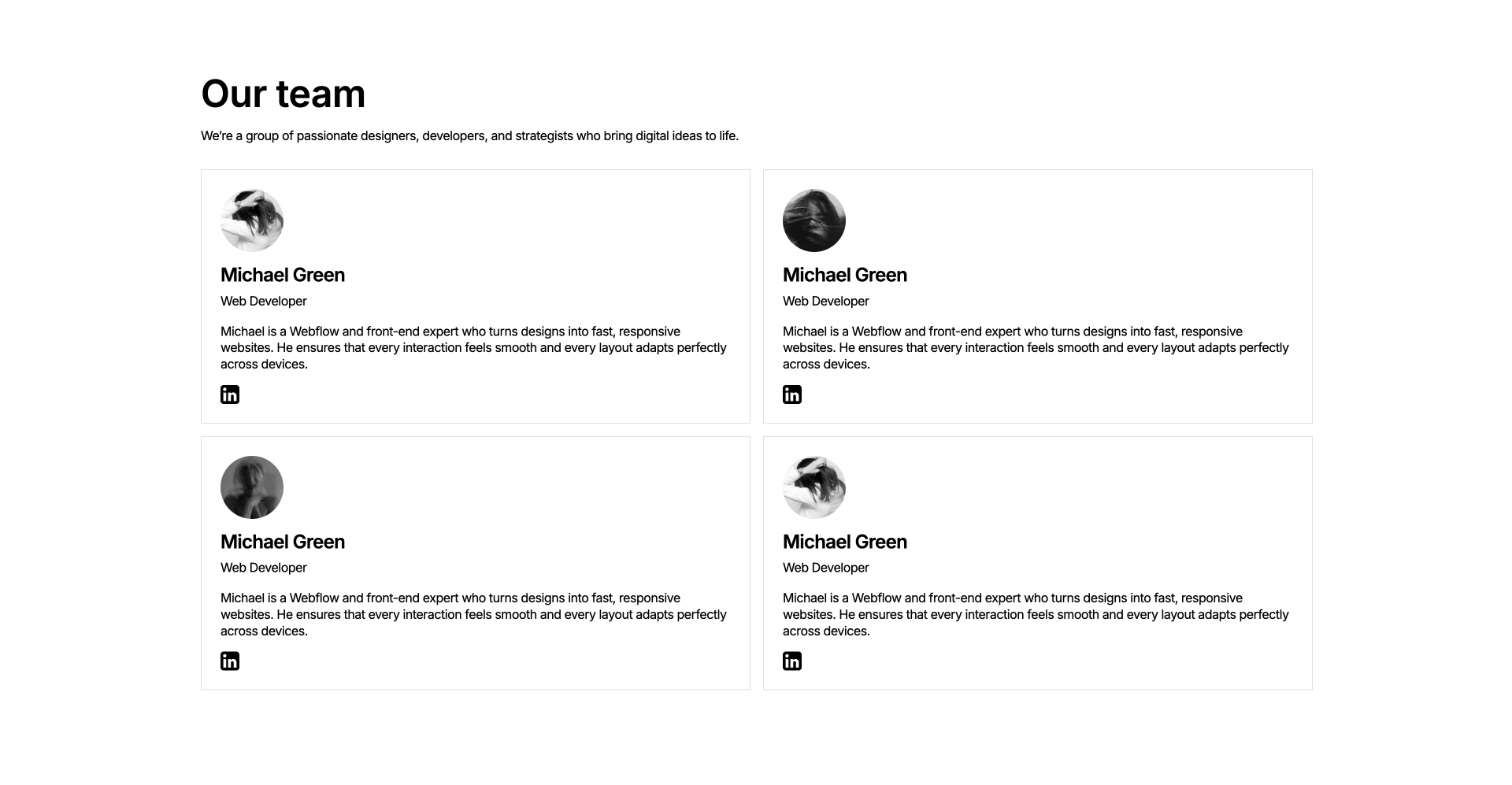 Responsive Webflow component showcasing horizontal team member cards with images, names, job titles, descriptions, and LinkedIn links