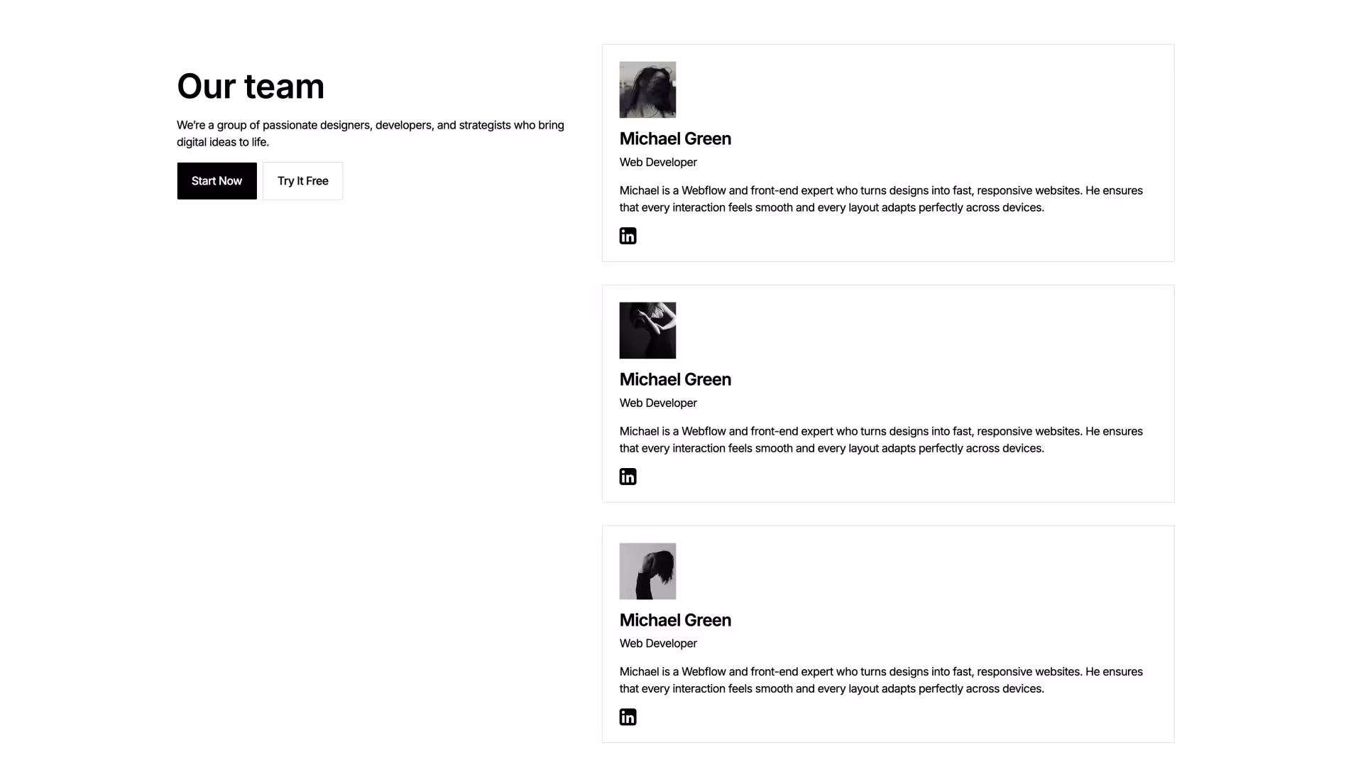 Modern Webflow layout with team introduction text, CTAs on the left, and responsive profile cards with bios and LinkedIn links on the right