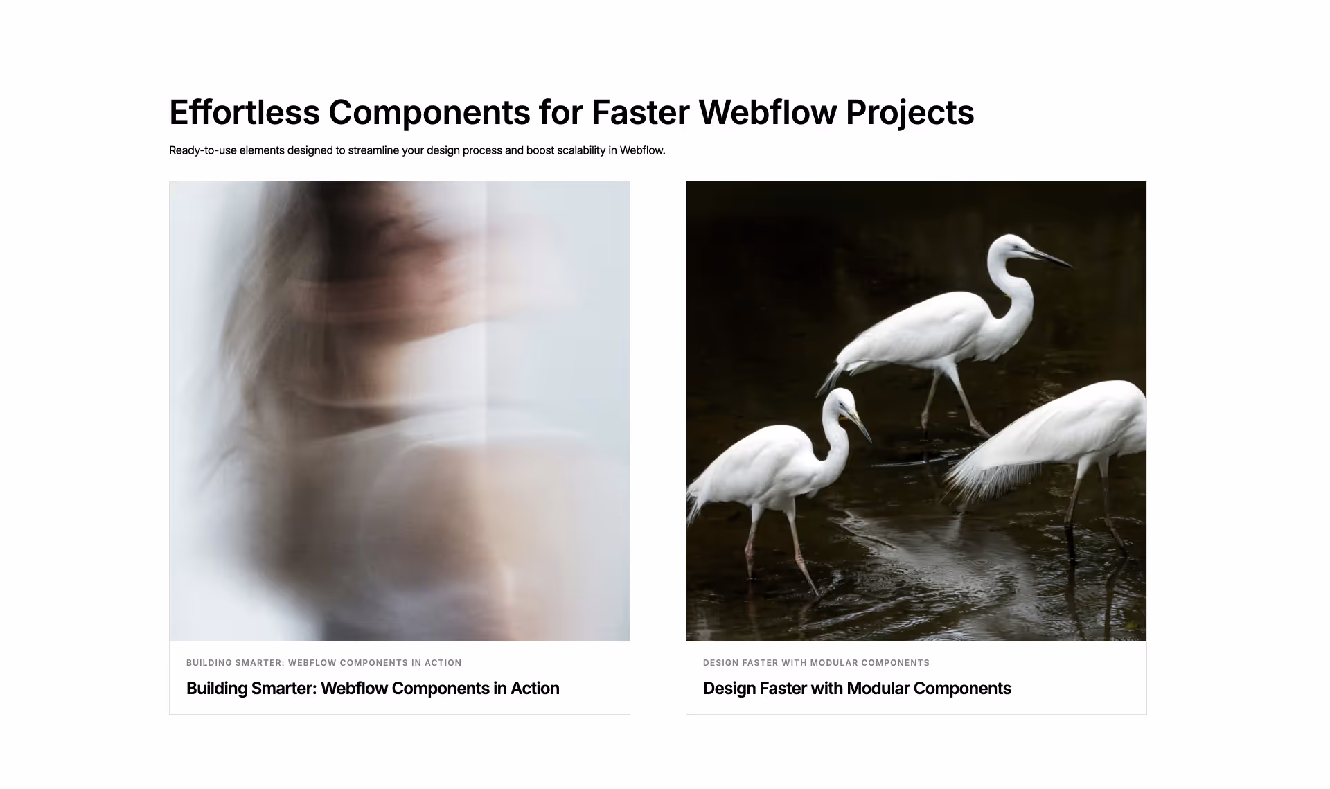 Card 18 Webflow component showcasing two dark-themed content cards with image placeholders, titles, and subtitles — “Building Smarter: Webflow Components in Action” and “Design Faster with Modular Components” — under the heading “Effortless Components for Faster Webflow Projects