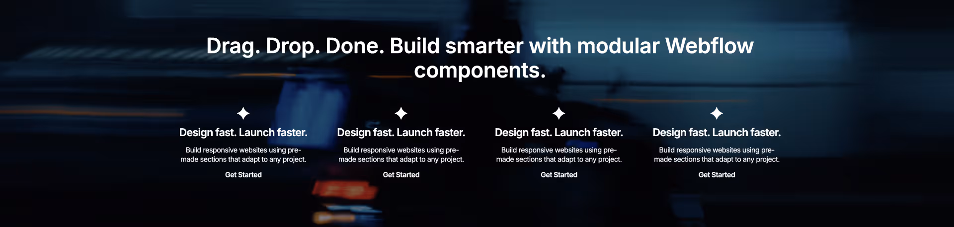 Dark Webflow UI with a four-column layout featuring identical feature cards promoting fast and responsive website design using modular components.