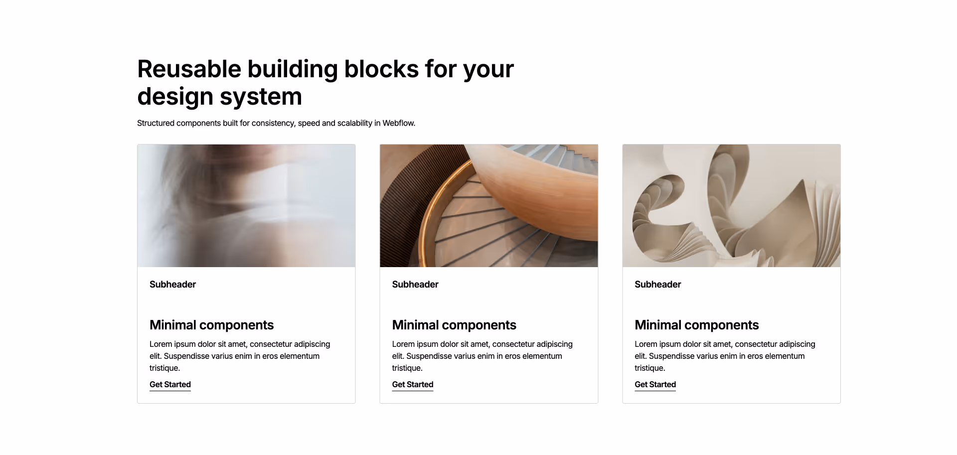Three-column Webflow layout with dark image placeholders, subheaders, and text blocks describing minimal components with call-to-action links.