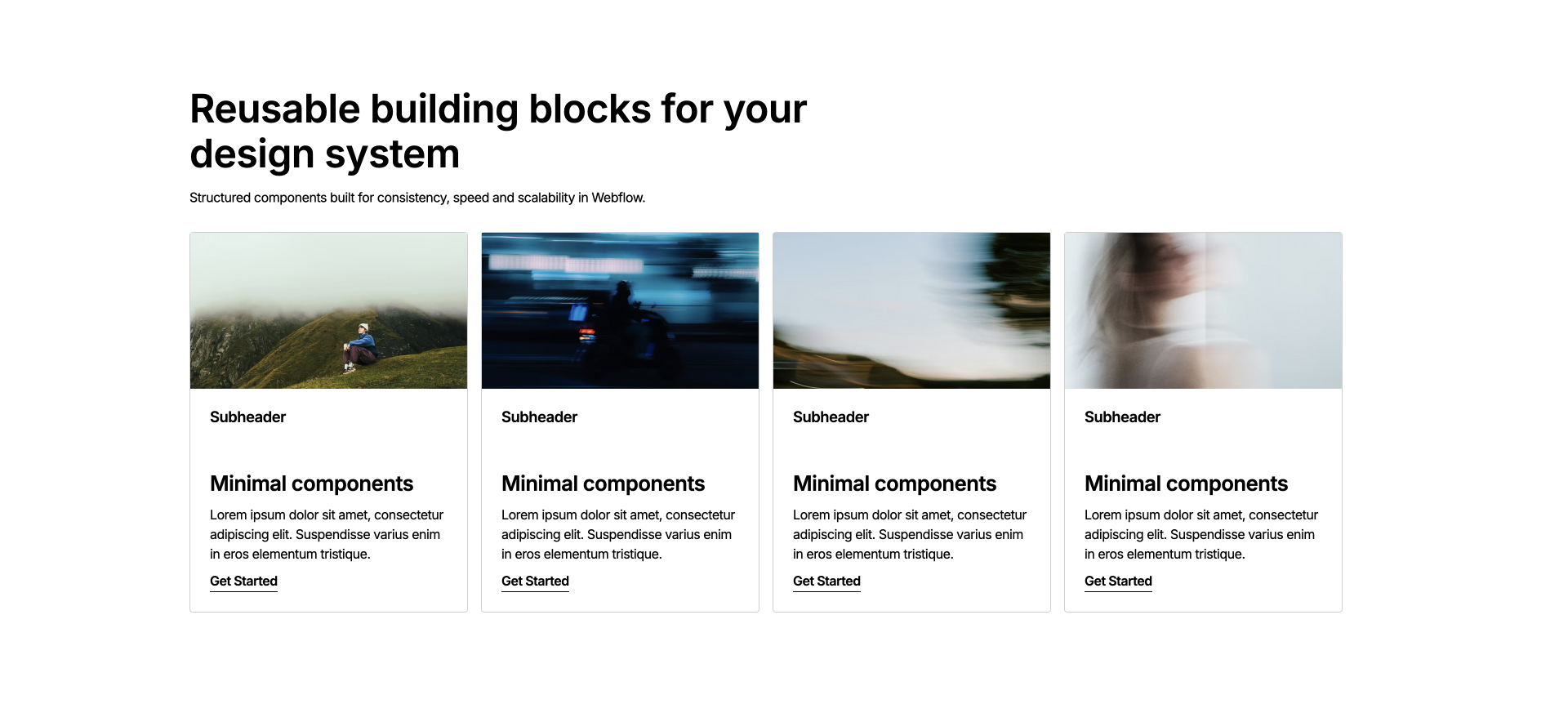 Four-column Webflow layout with image placeholders, subheaders, minimal component descriptions, and ‘Get Started’ links on a white background.