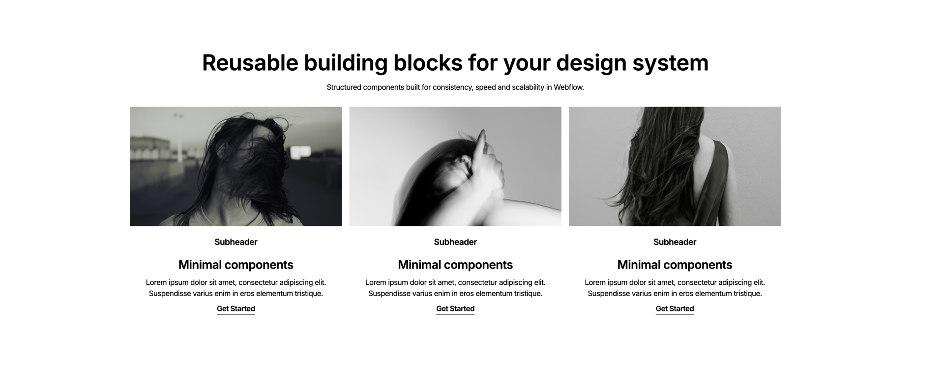 Three-column Webflow component layout with image placeholders, subheaders, minimal text blocks, and ‘Get Started’ links promoting reusable design system blocks
