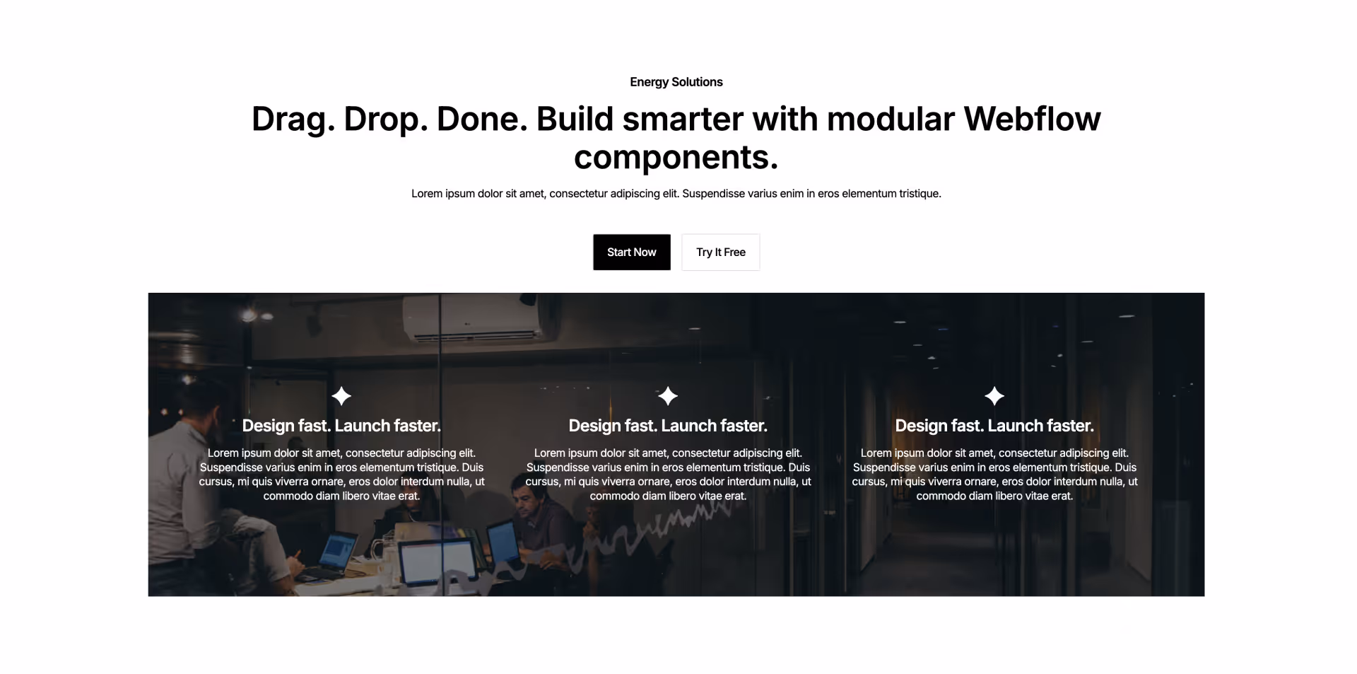 Webflow component with headline, CTA buttons, and three feature columns on dark background