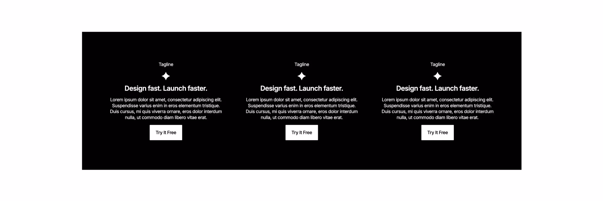 Webflow component with headline, CTA buttons, and three feature columns on dark background.