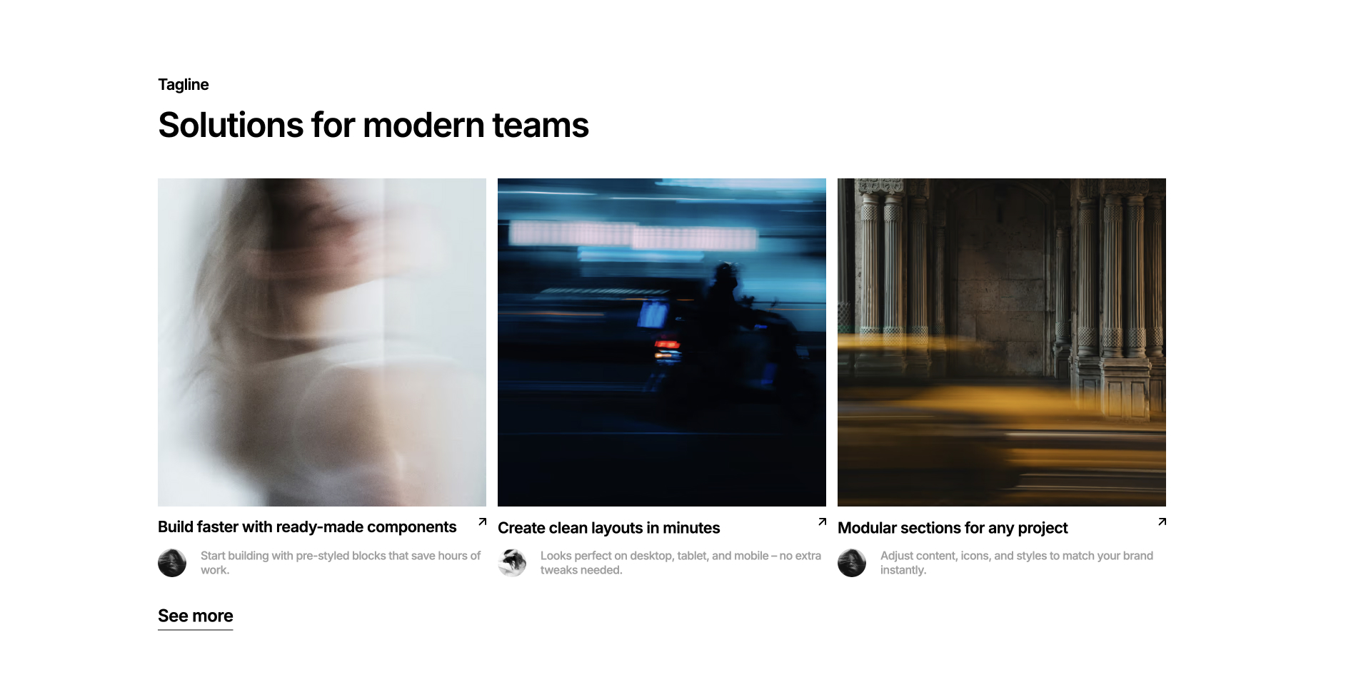 Three-column dark card layout with icons, titles, and short descriptions for Webflow.