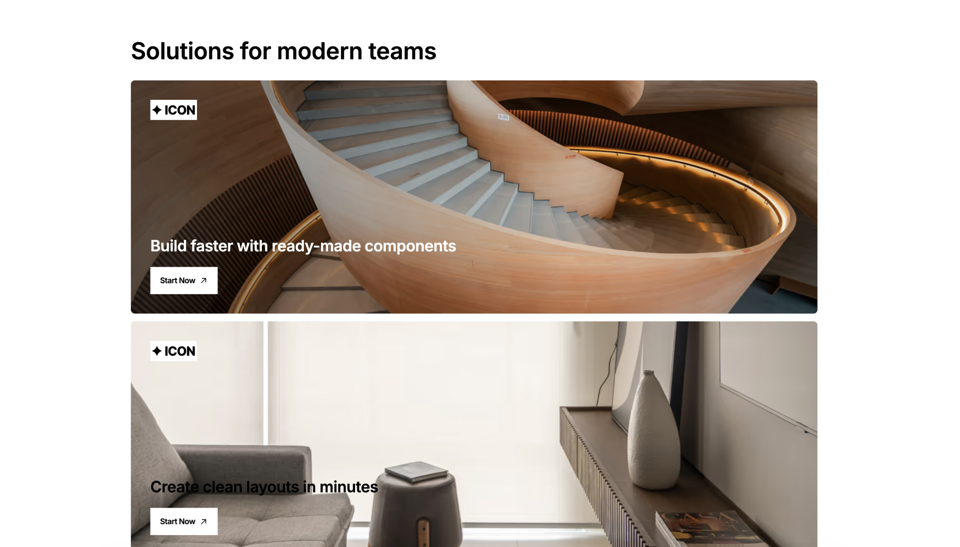 Three stacked Webflow cards with icon, title, and CTA button on dark, gray, and light backgrounds