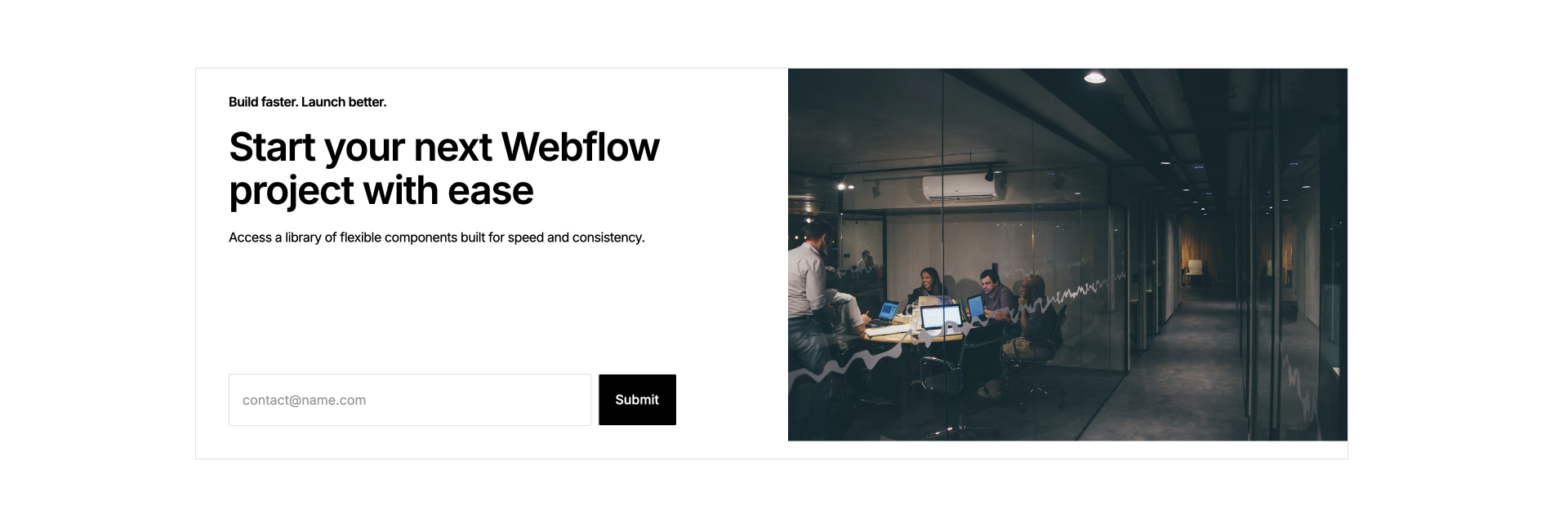 Newsletter signup Webflow component with bold CTA: “Start your next Webflow project with ease” and email input form.