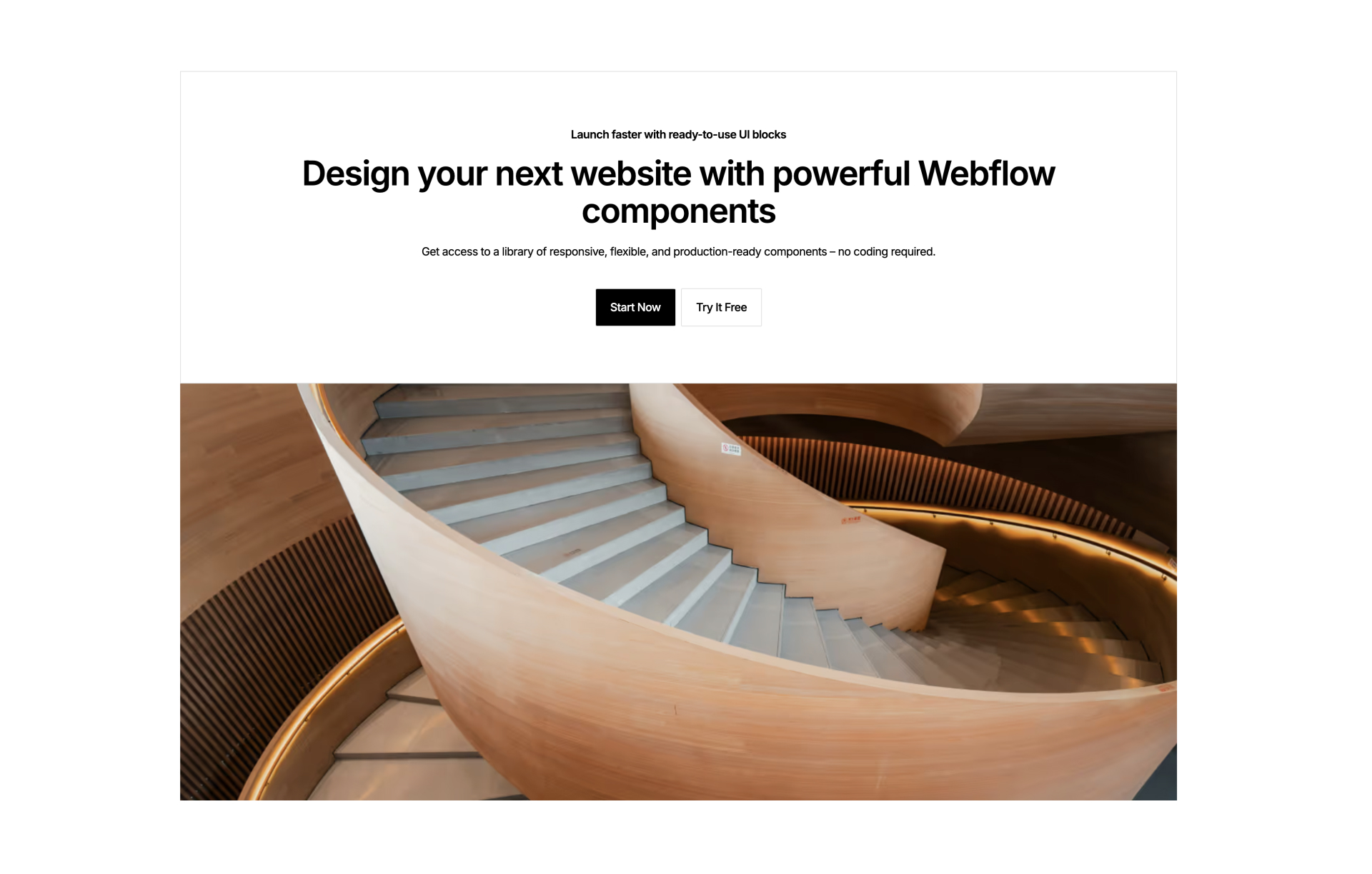 CTA Webflow component with headline, description, buttons, and dark image placeholder
