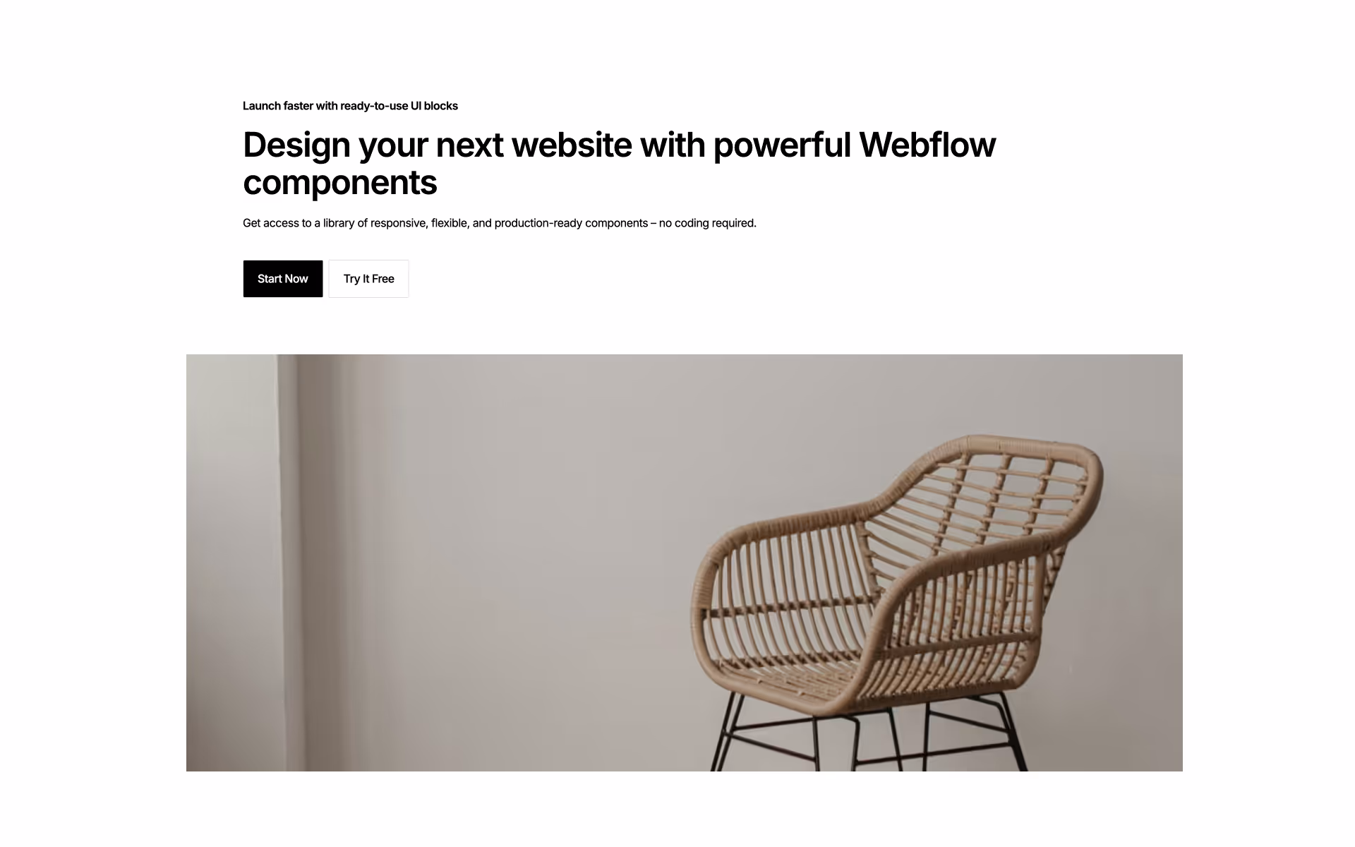 Webflow CTA component with headline, supporting text, dual buttons, and large visual placeholder