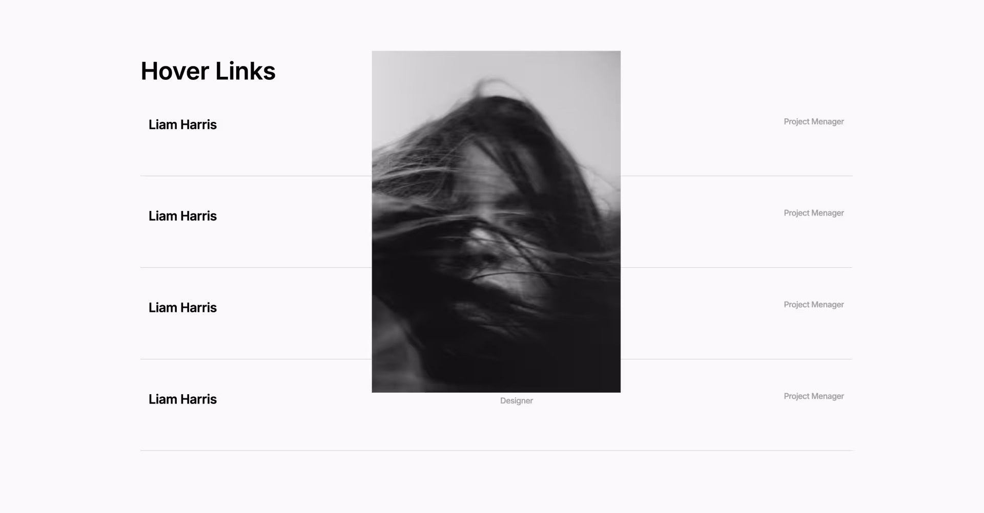 Webflow component with hover effect revealing image and team member role