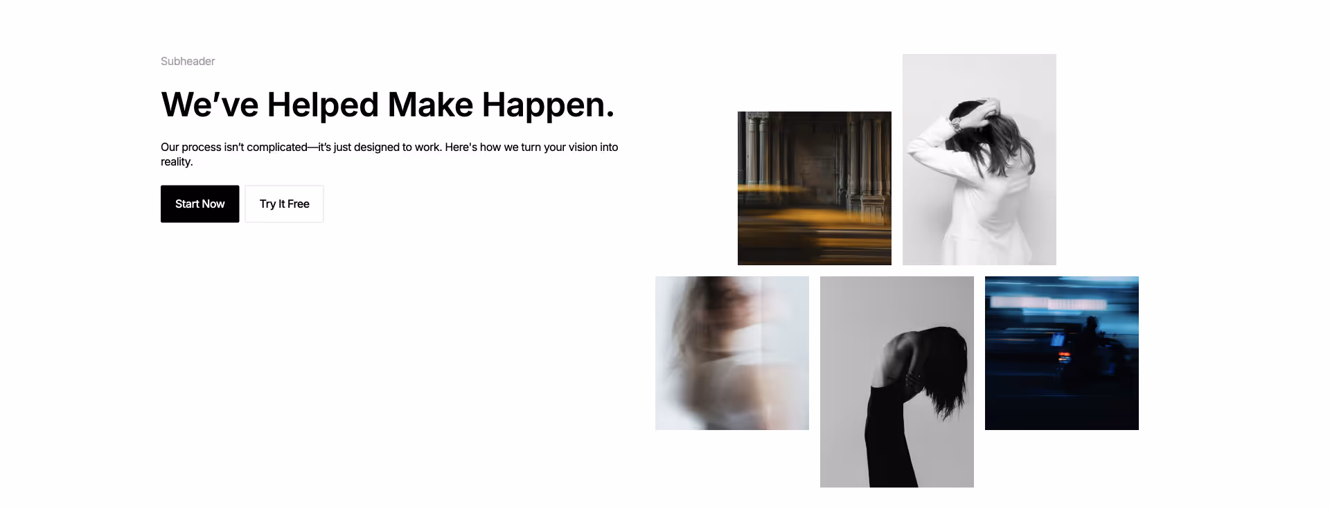 Webflow CTA component with header, subtext, two buttons and five-image grid layout