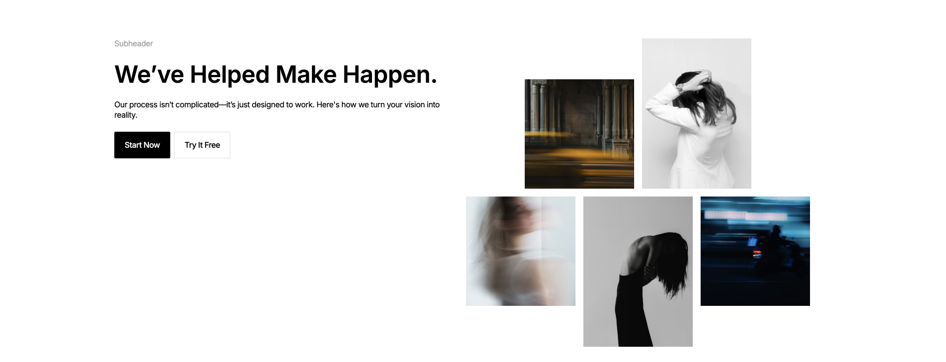 Webflow CTA component with header, subtext, two buttons and five-image grid layout