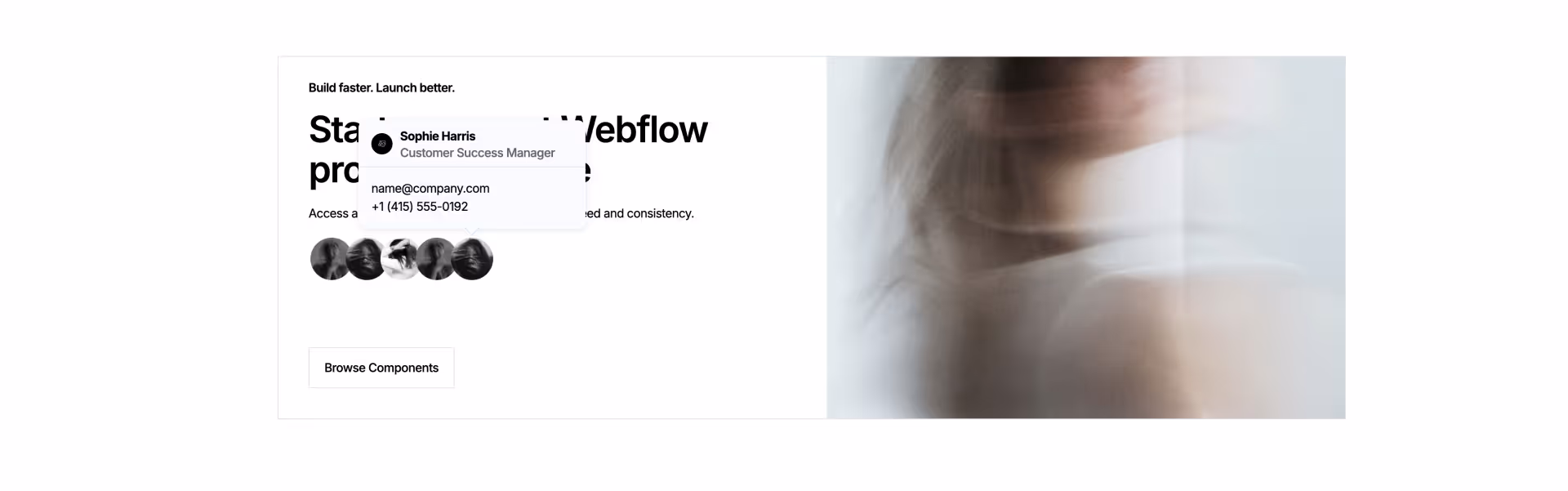 Webflow CTA component with tooltip showing contact details and animated icons