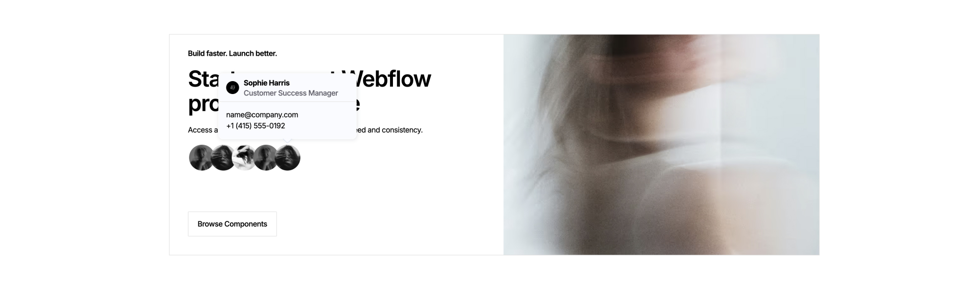 Webflow CTA component with tooltip showing contact details and animated icons