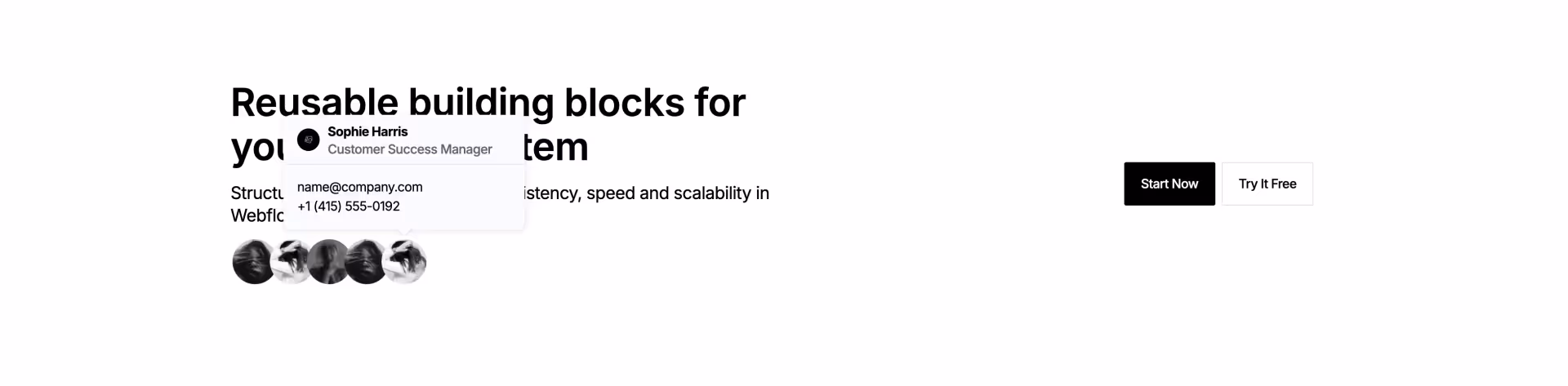 Webflow CTA component with tooltip showing contact details and animated icons