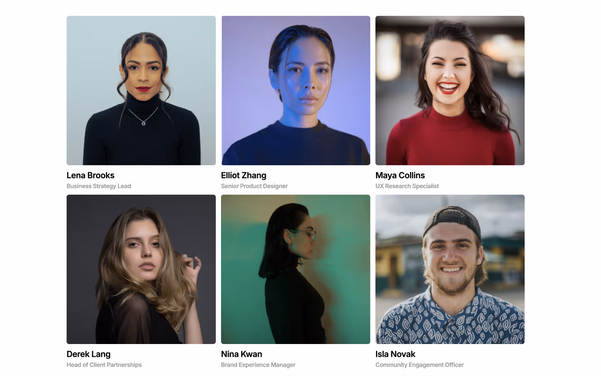 Team section Webflow component displaying team member photos, names, and roles in a grid layout.