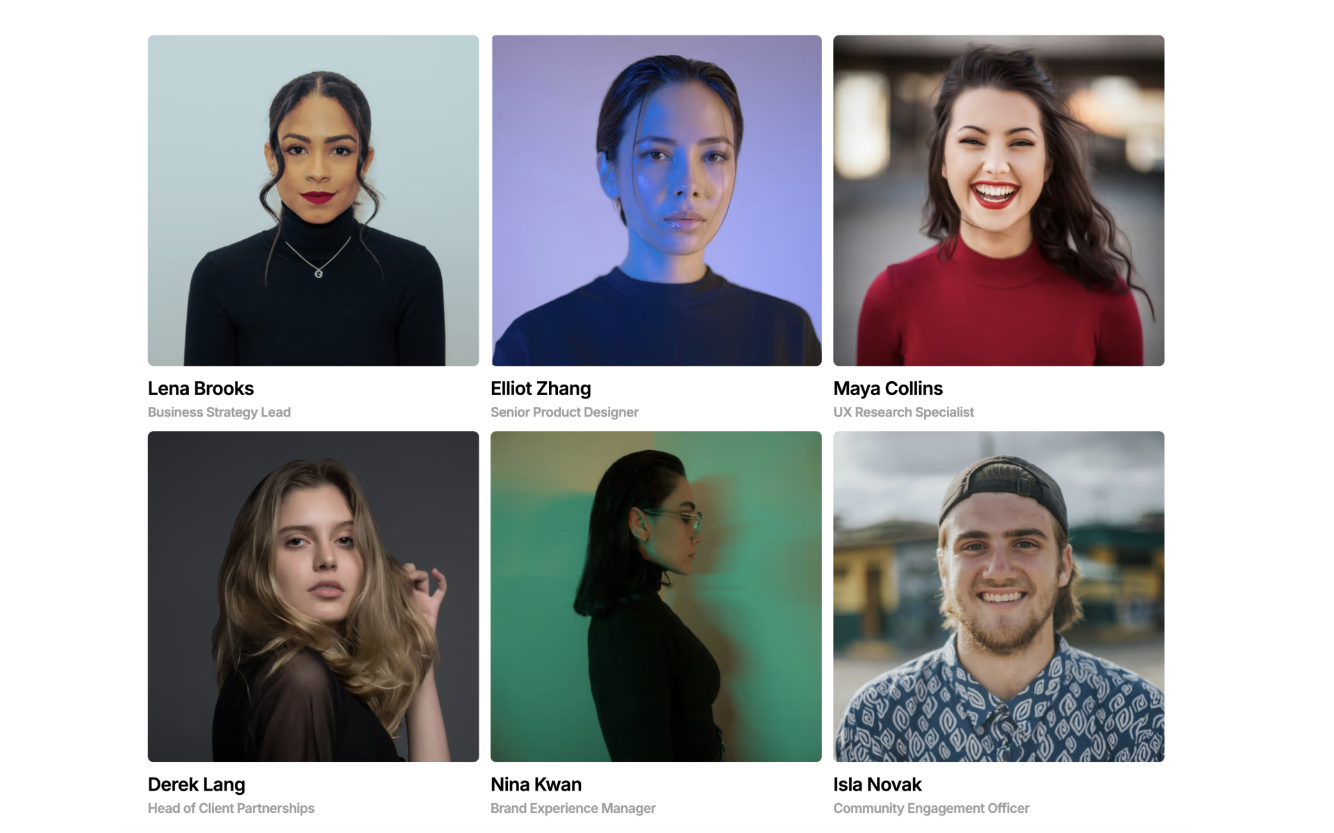 Team section Webflow component displaying team member photos, names, and roles in a grid layout.