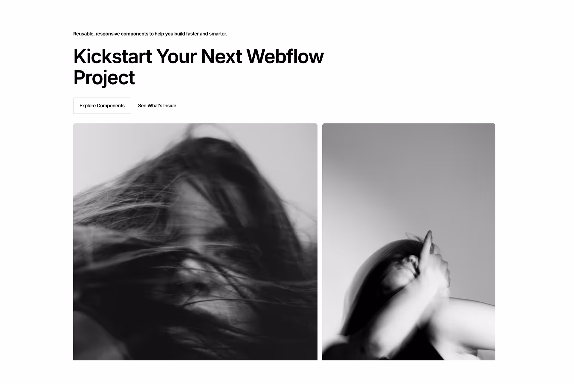 Intro section promoting free Webflow components with bold headline, subheading, call-to-action buttons, and image previews