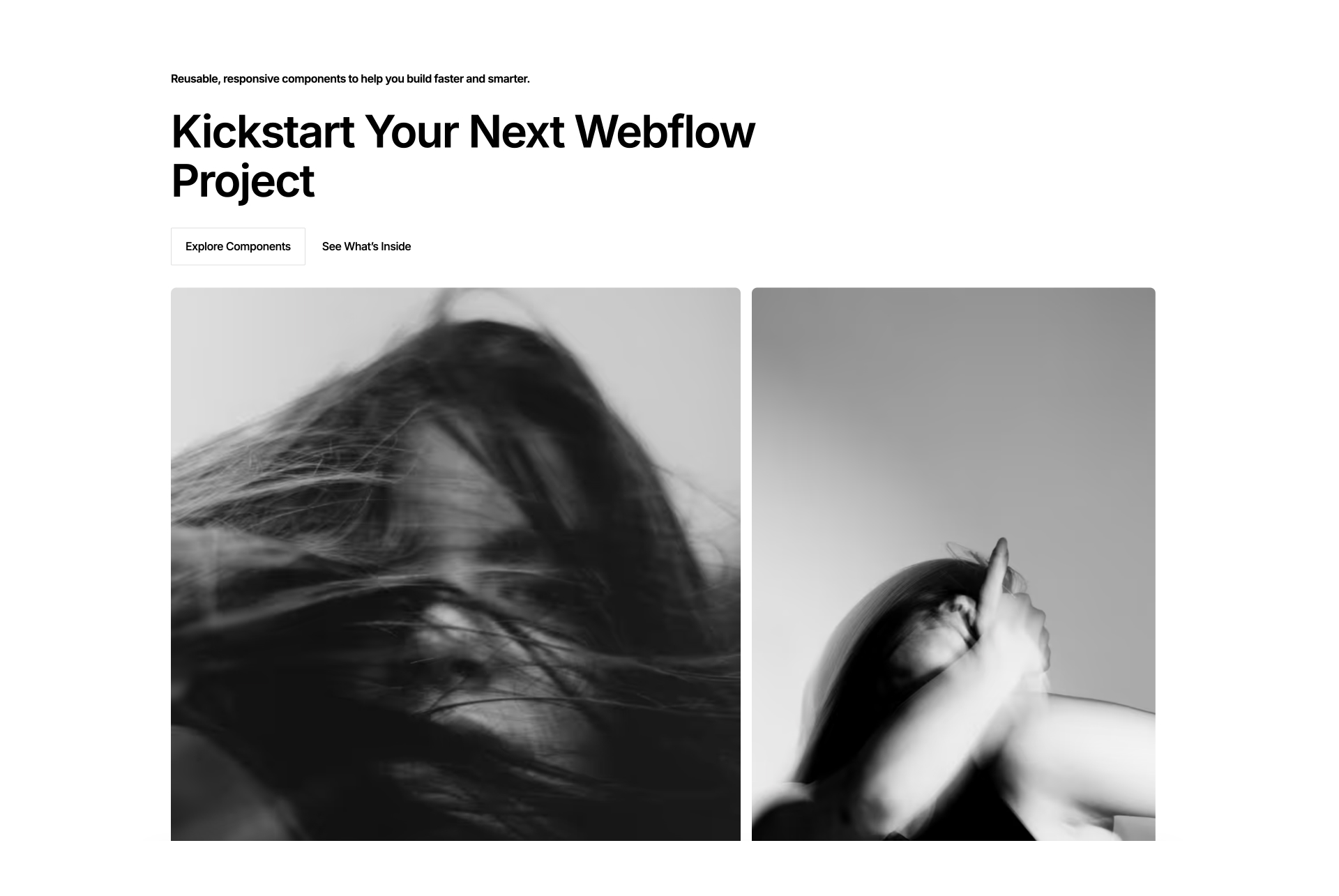 Intro section promoting free Webflow components with bold headline, subheading, call-to-action buttons, and image previews