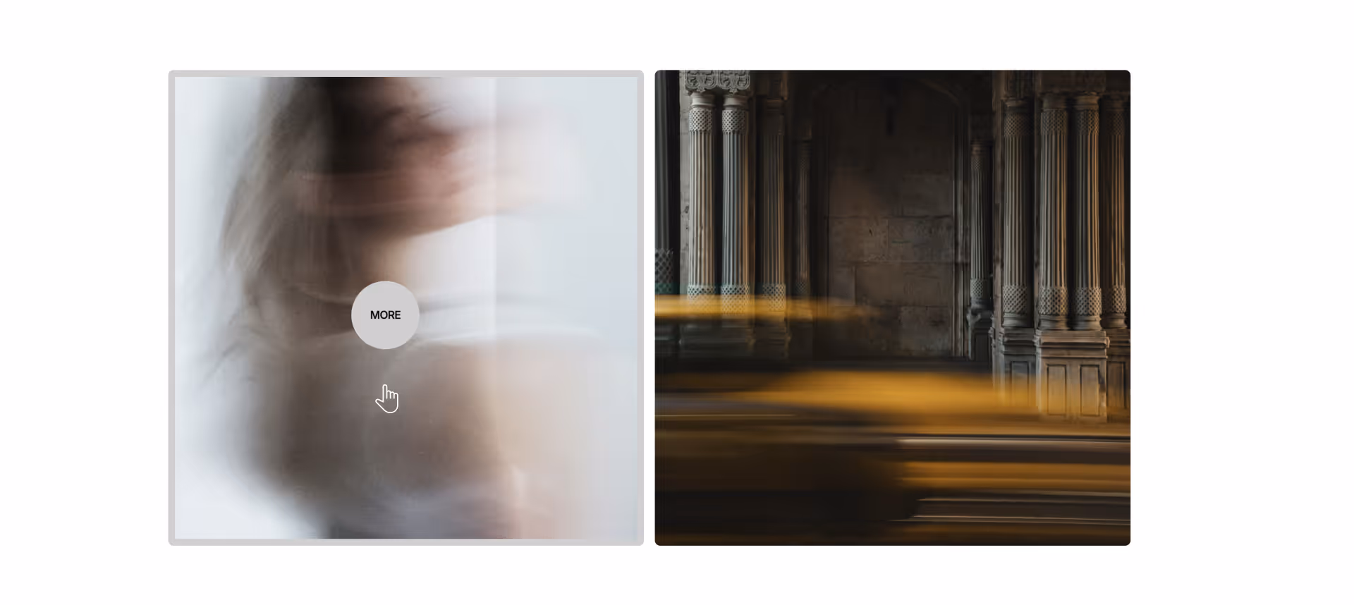 Feature section with two black cards; the left card shows a bright green circular "MORE" button with hover effect, and the right card displays a white image icon