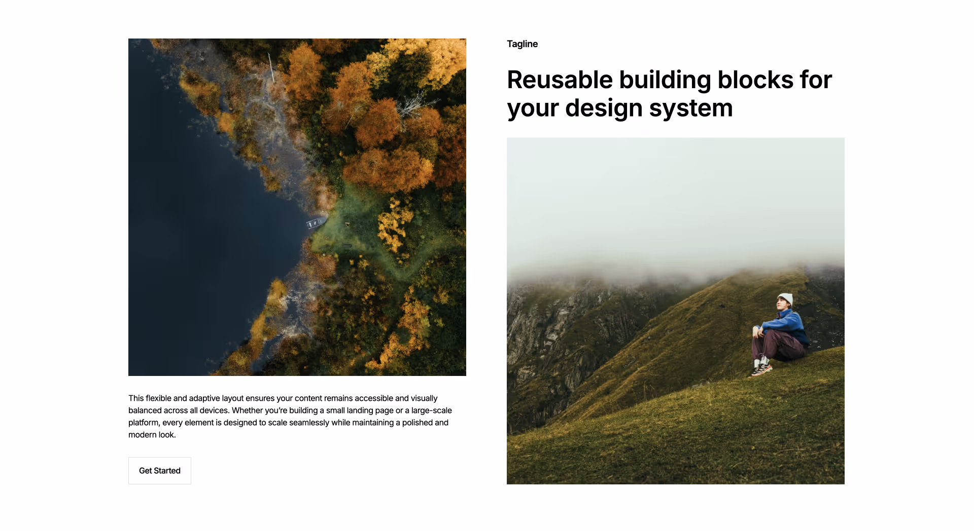 Webflow component with dual image blocks and central content section featuring heading, paragraph and CT