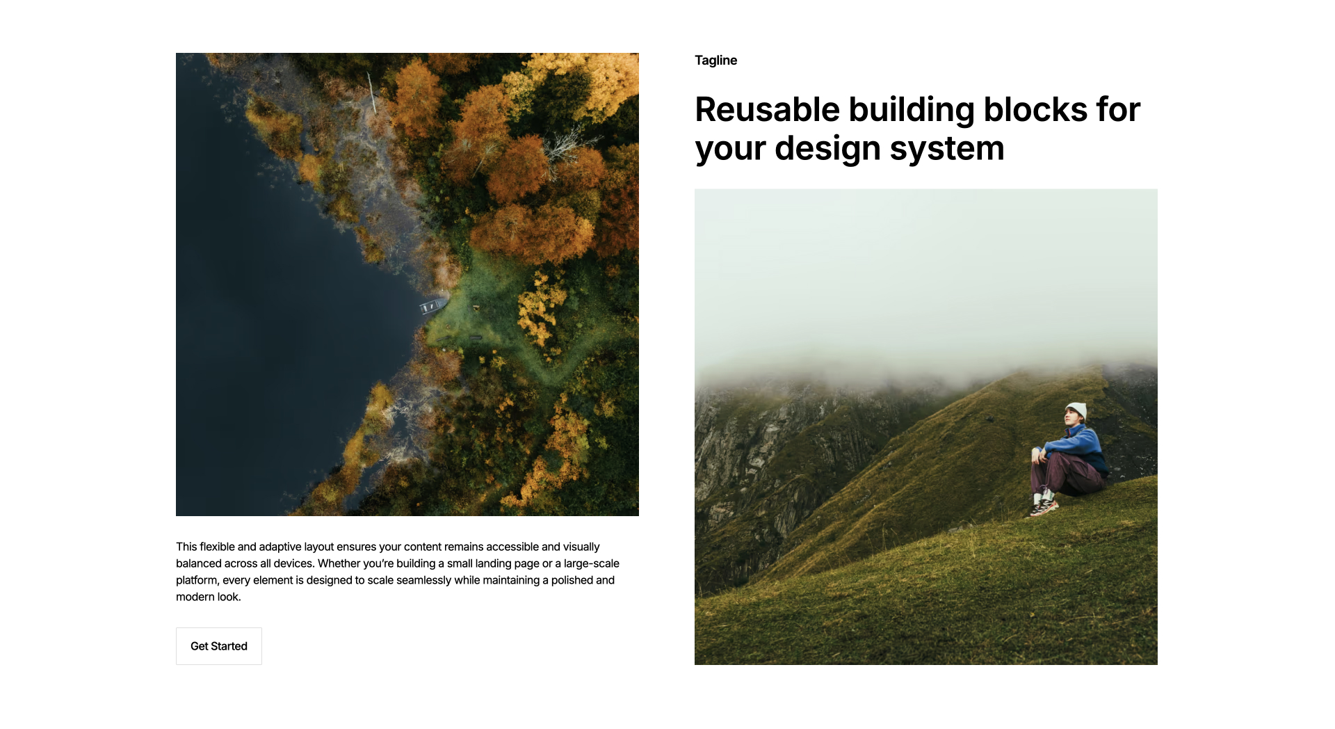 Webflow component with dual image blocks and central content section featuring heading, paragraph and CT