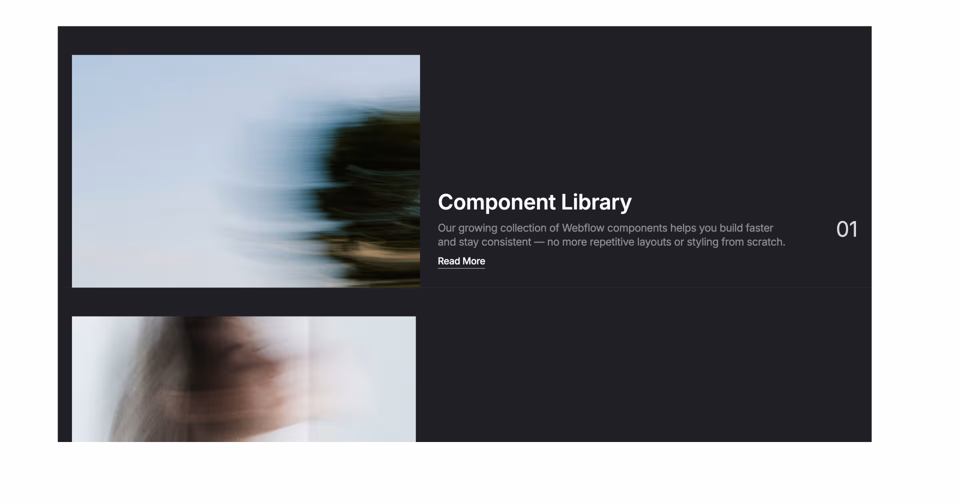 Component Library section with image icon, dark background and white text, describing reusable Webflow components