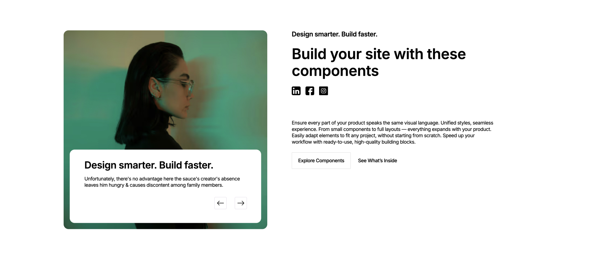 Animated testimonial slider with client quote and icons.