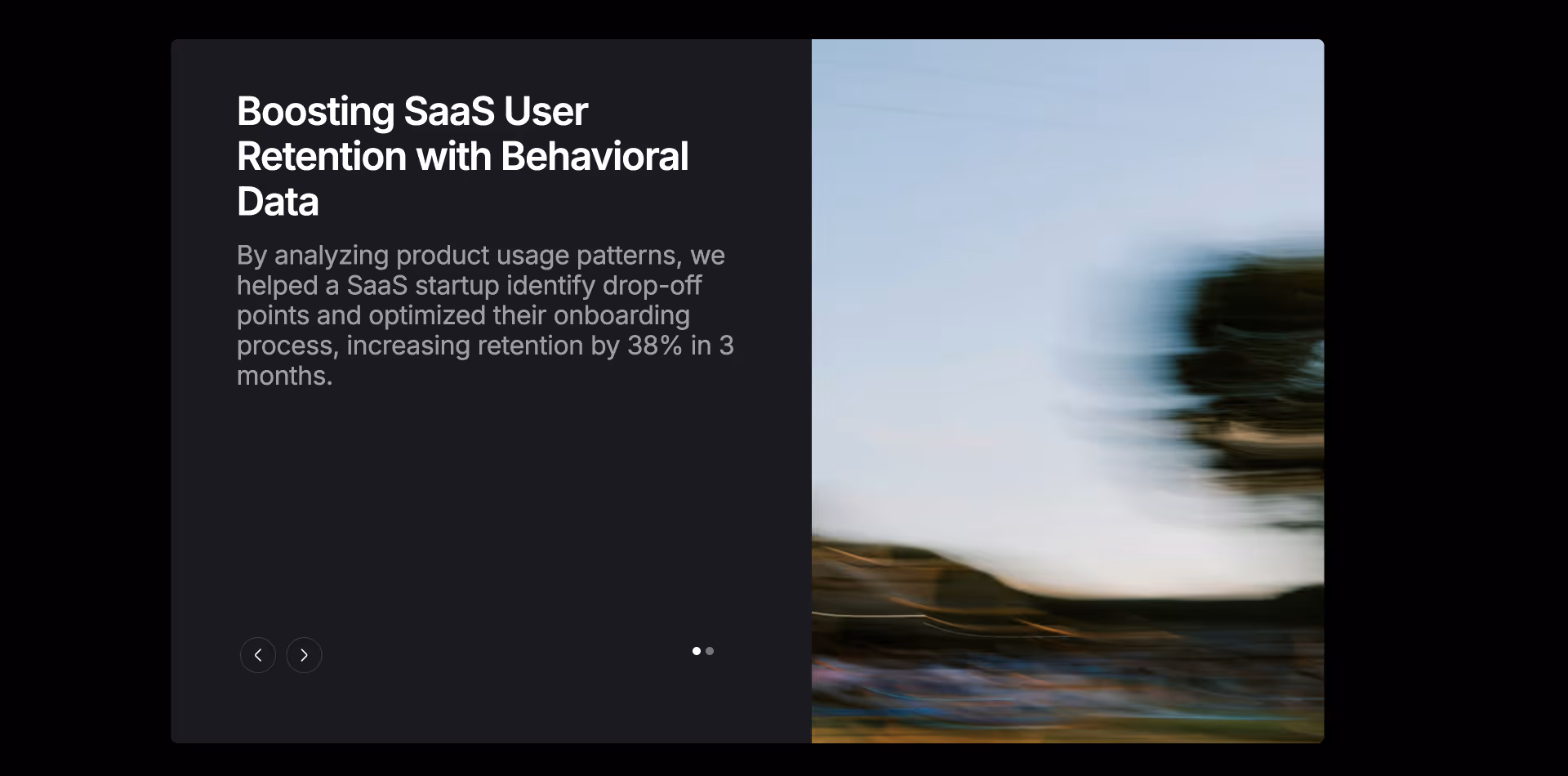 Webflow component: Testimonial slide with photo of a woman and a case study about boosting SaaS user retention using behavioral insights.
