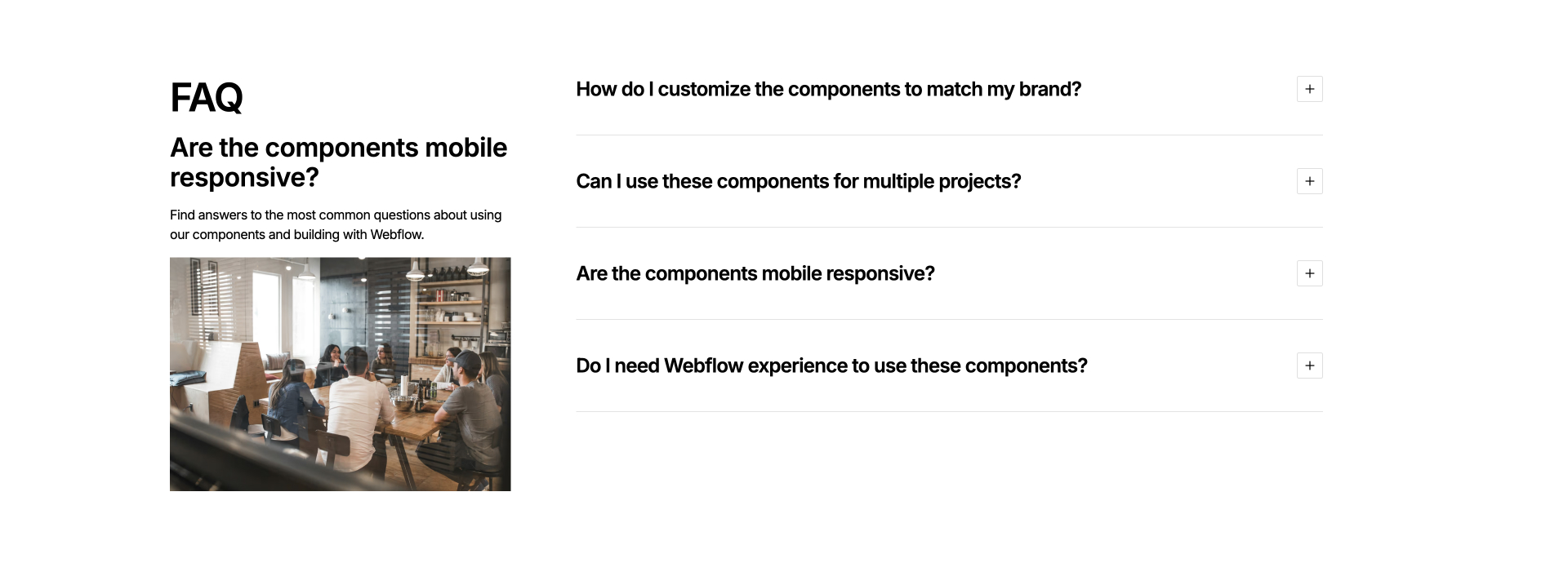Collapsible FAQ Webflow component for help sections