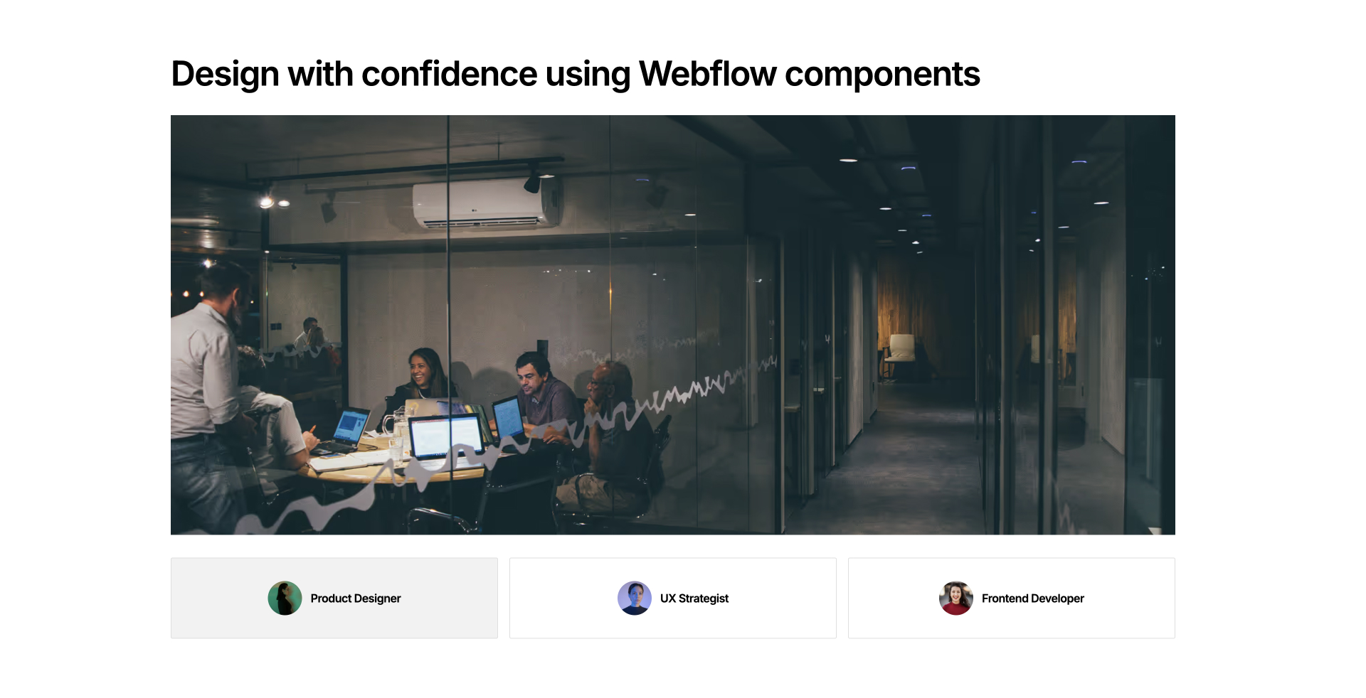 Tabs Webflow Component showcasing roles like Product Designer, UX Strategist, and Frontend Developer — switchable testimonial or content display under a centered image block