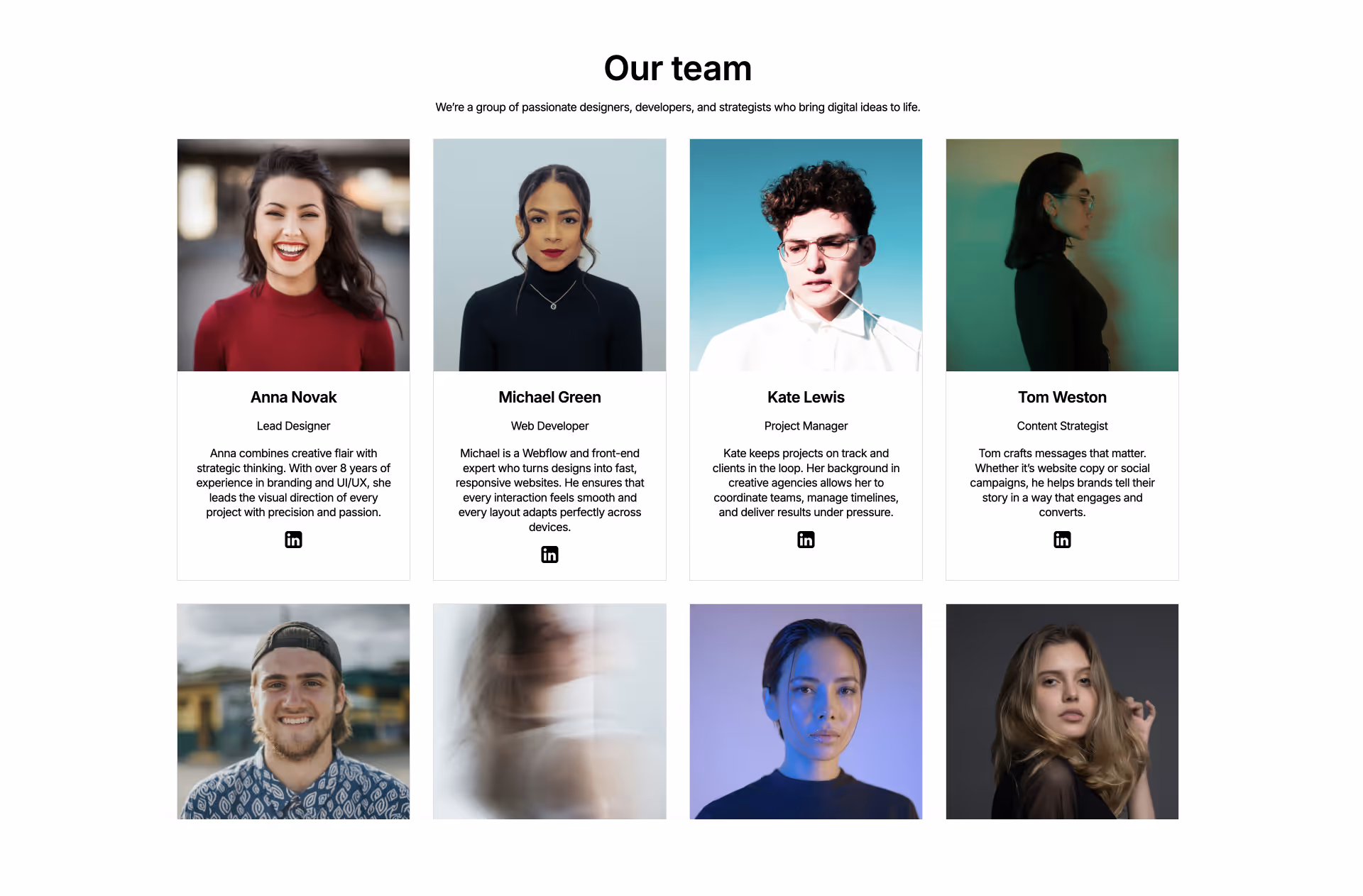 Team section with four profile cards, each featuring a placeholder image, full name, job title, short bio, and LinkedIn icon below.”