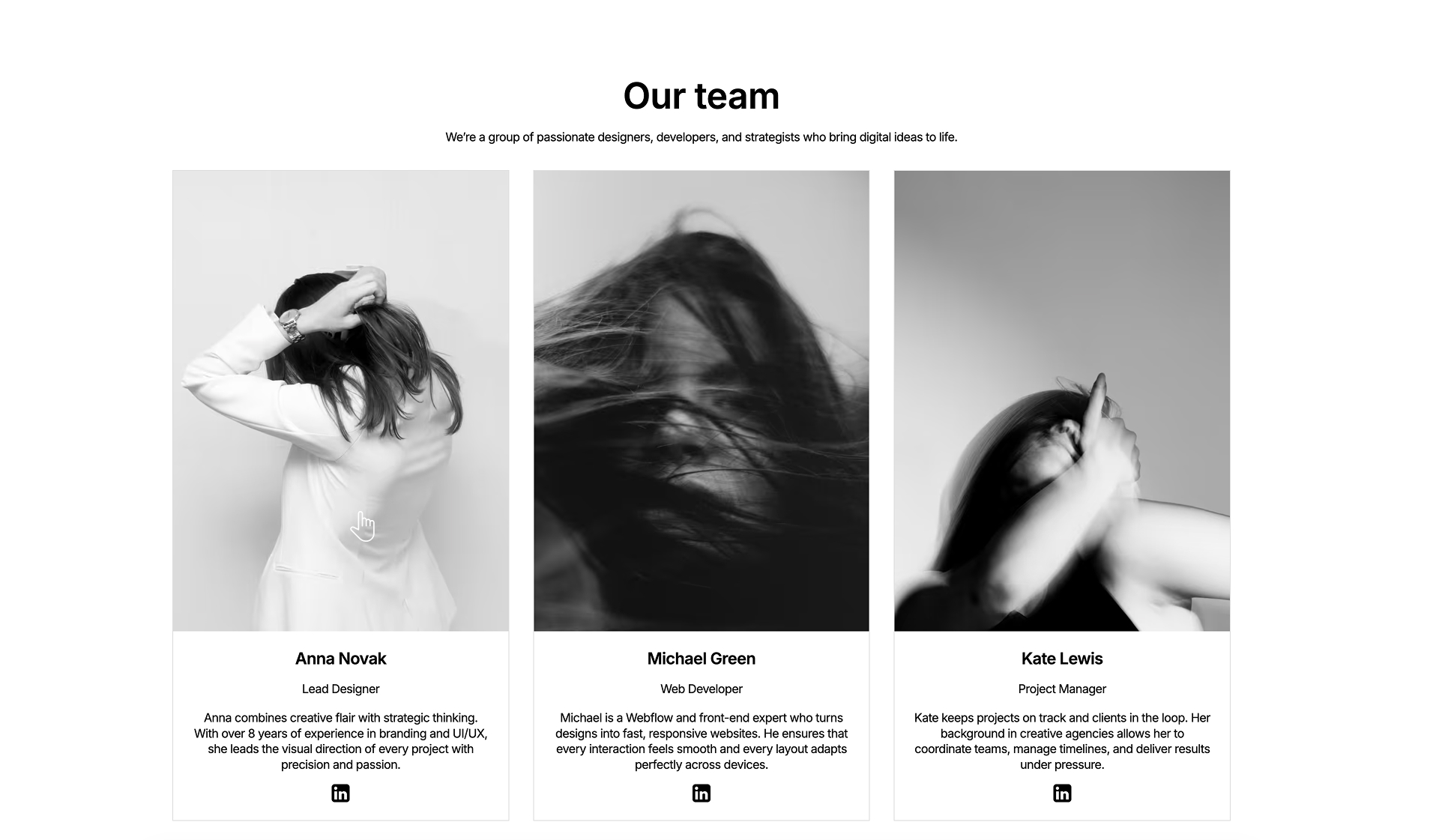 Team section featuring six profile cards arranged in two rows, each with a placeholder image, name, job title, bio, and LinkedIn icon.