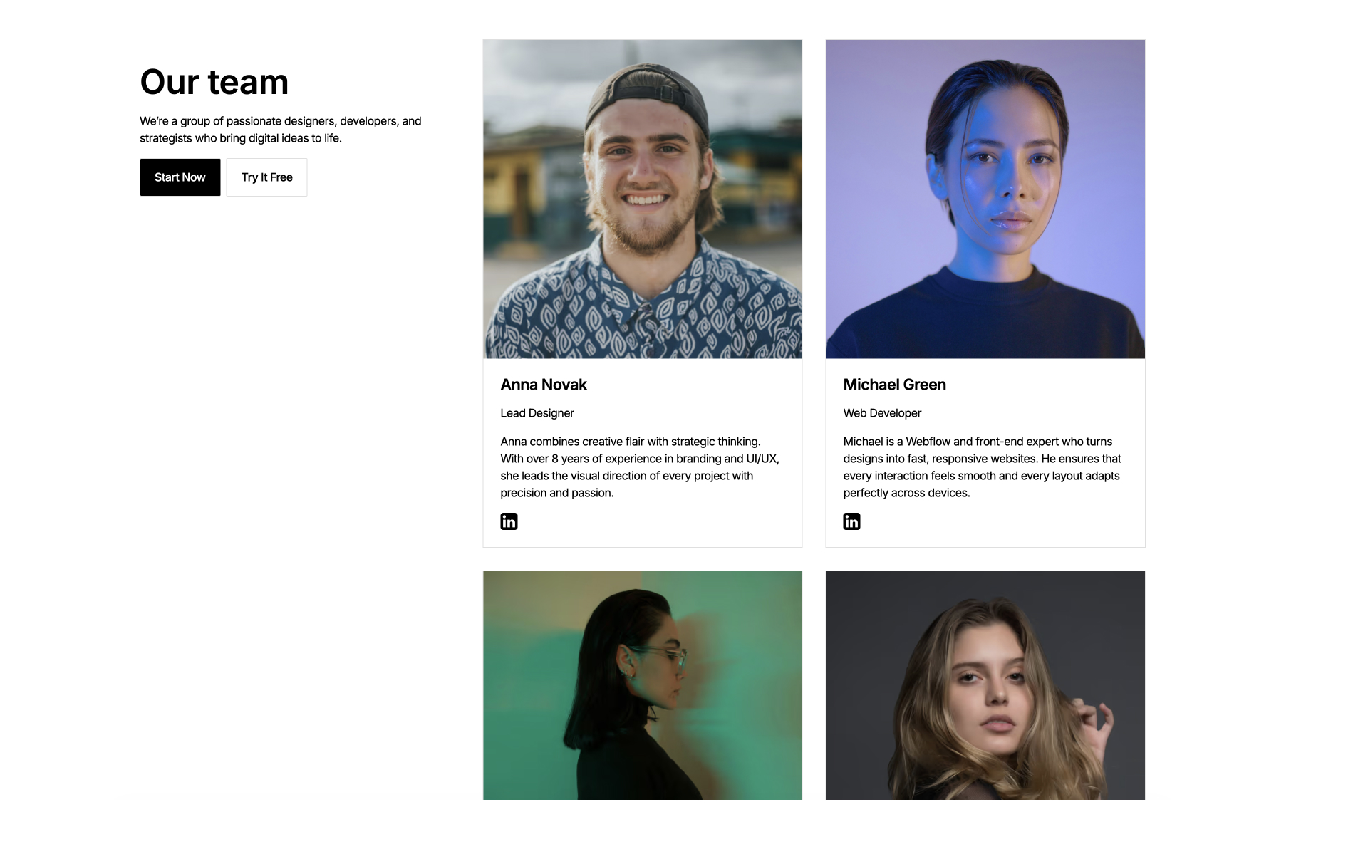 Responsive team section layout with left-aligned heading and call-to-action buttons, and four team member cards on the right