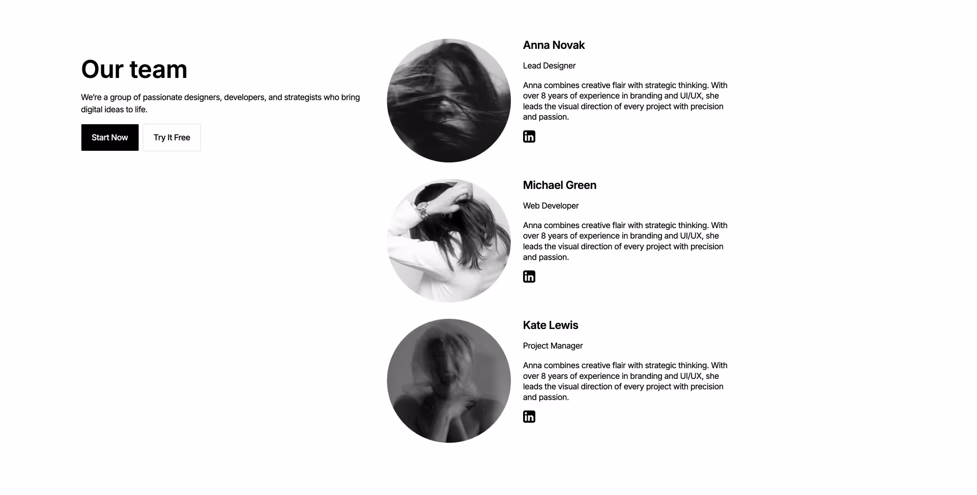 Three-column team section with left-aligned heading, description, and CTA buttons