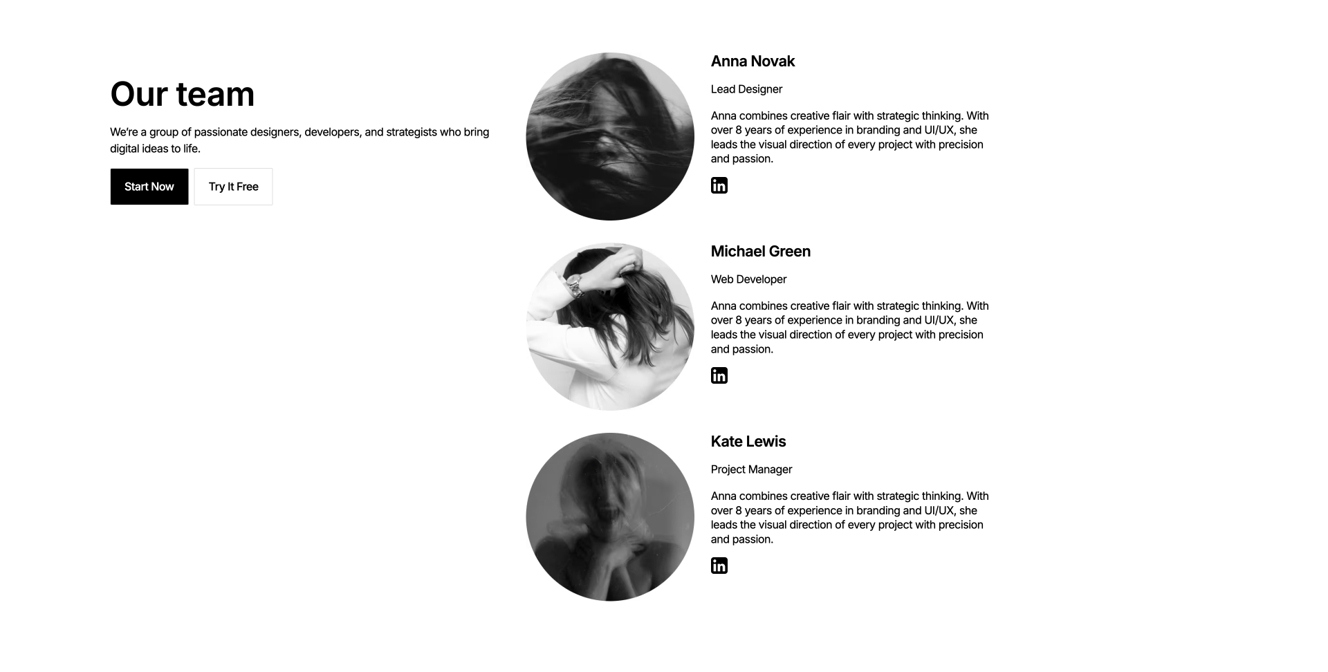 Three-column team section with left-aligned heading, description, and CTA buttons