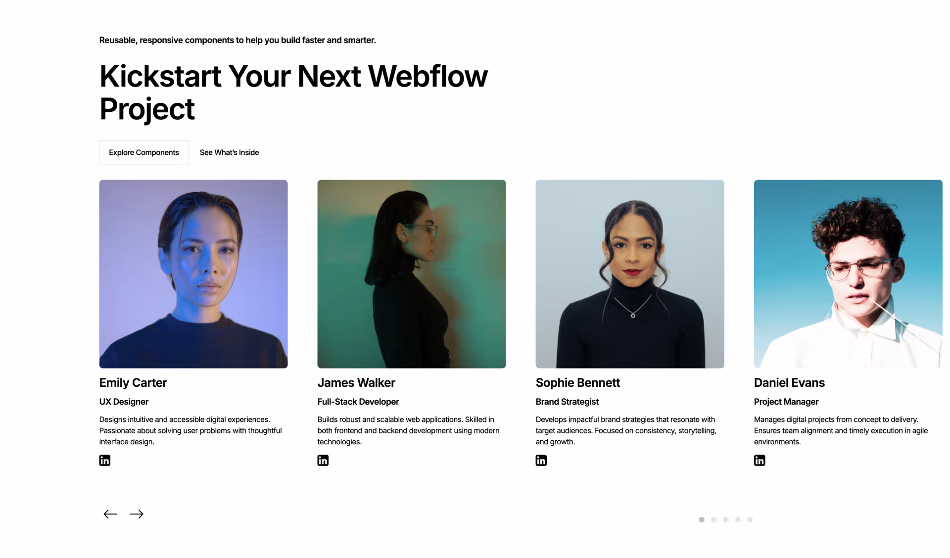 Webflow Team Section component displaying team member cards with name, job title, description, and LinkedIn icon