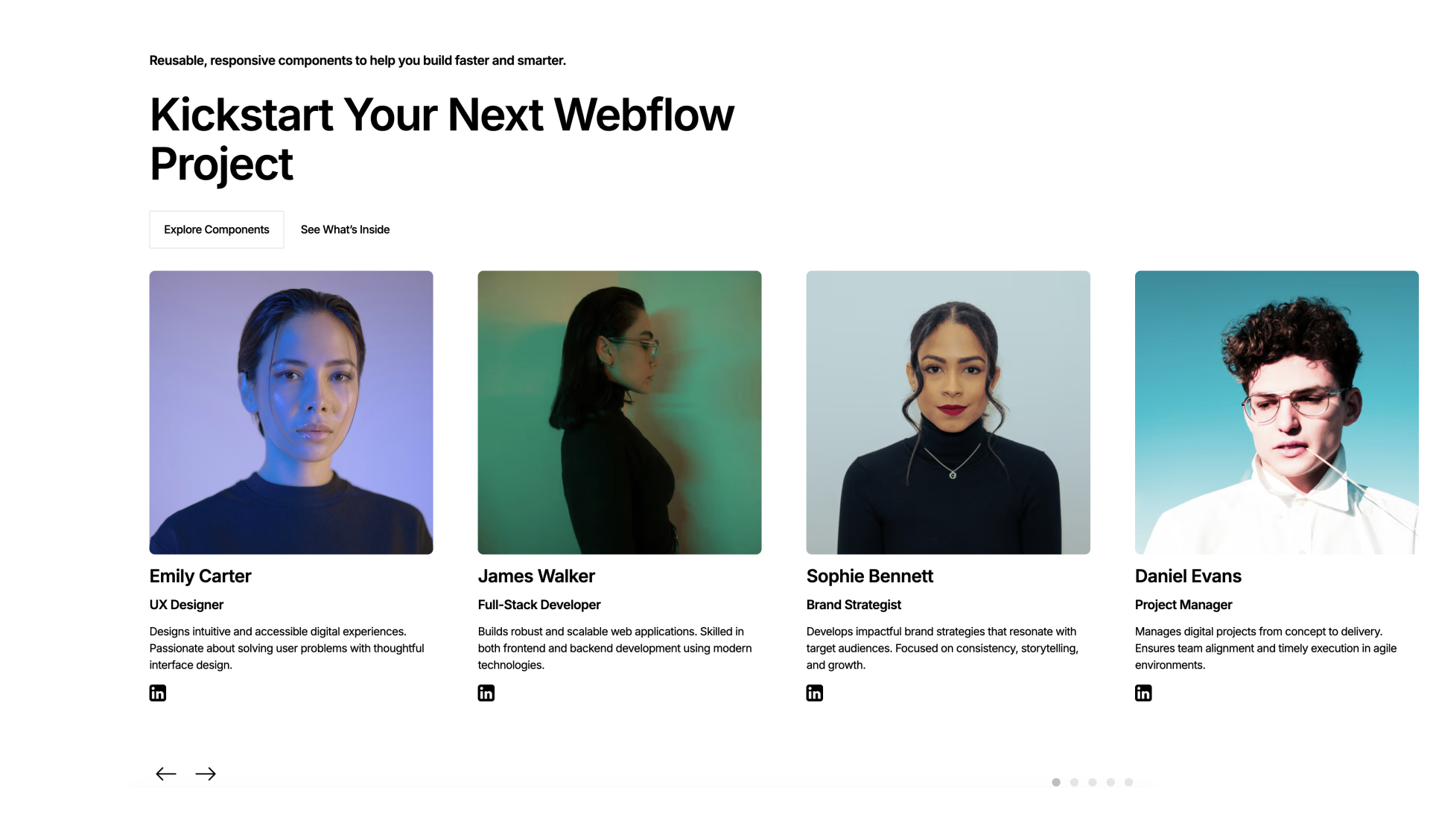 Webflow Team Section component displaying team member cards with name, job title, description, and LinkedIn icon