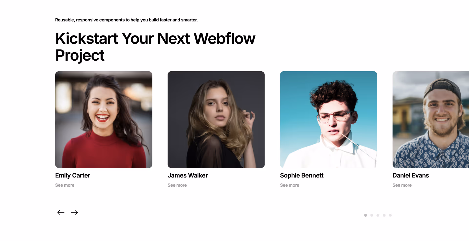 Webflow team section component with four interactive profile cards featuring photo placeholders, team member names, and 'See more' call-to-action