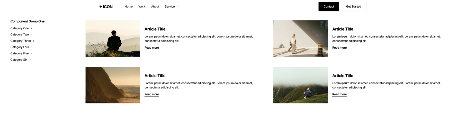 Webflow component layout featuring a left sidebar with category links and a responsive article grid. Each article preview includes an image thumbnail, title, short description, and a ‘Read more’ link