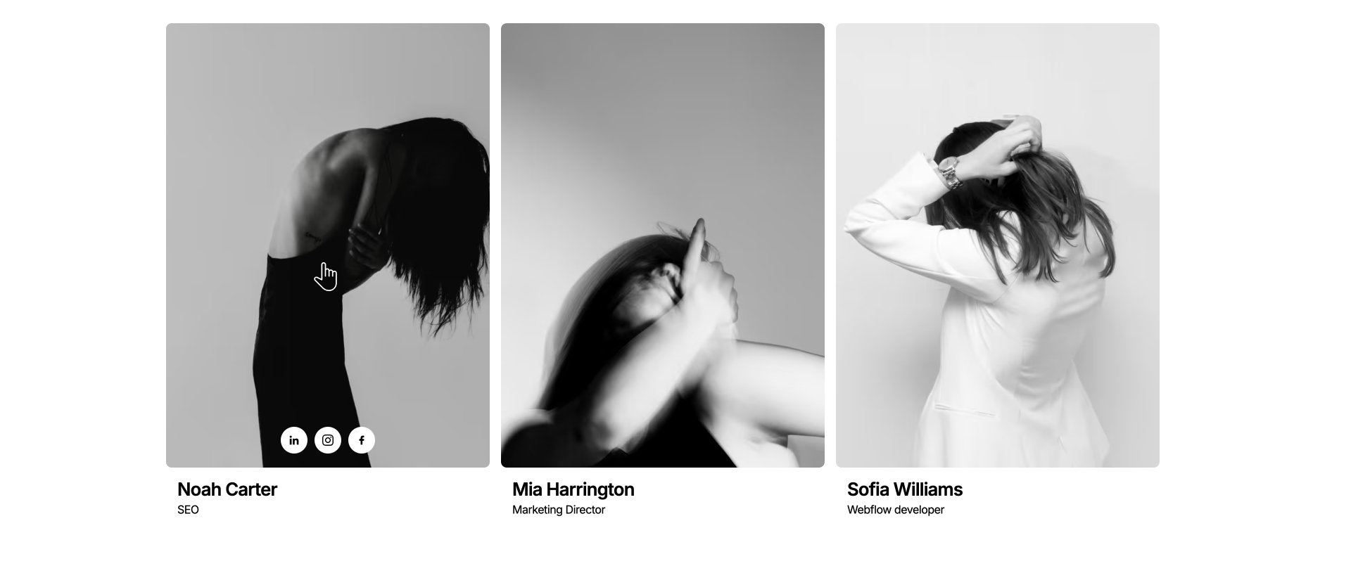eam member cards with modern black-and-white portraits and social media icons — Webflow team component