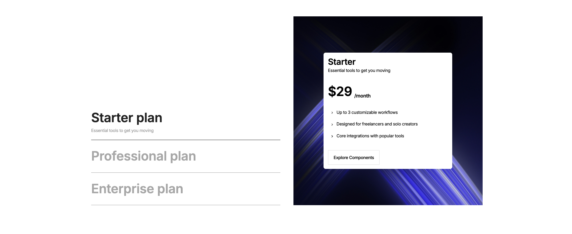 Webflow component pricing tab showing Starter, Professional, and Enterprise plans with a selected tab displaying monthly price, features list, and call-to-action